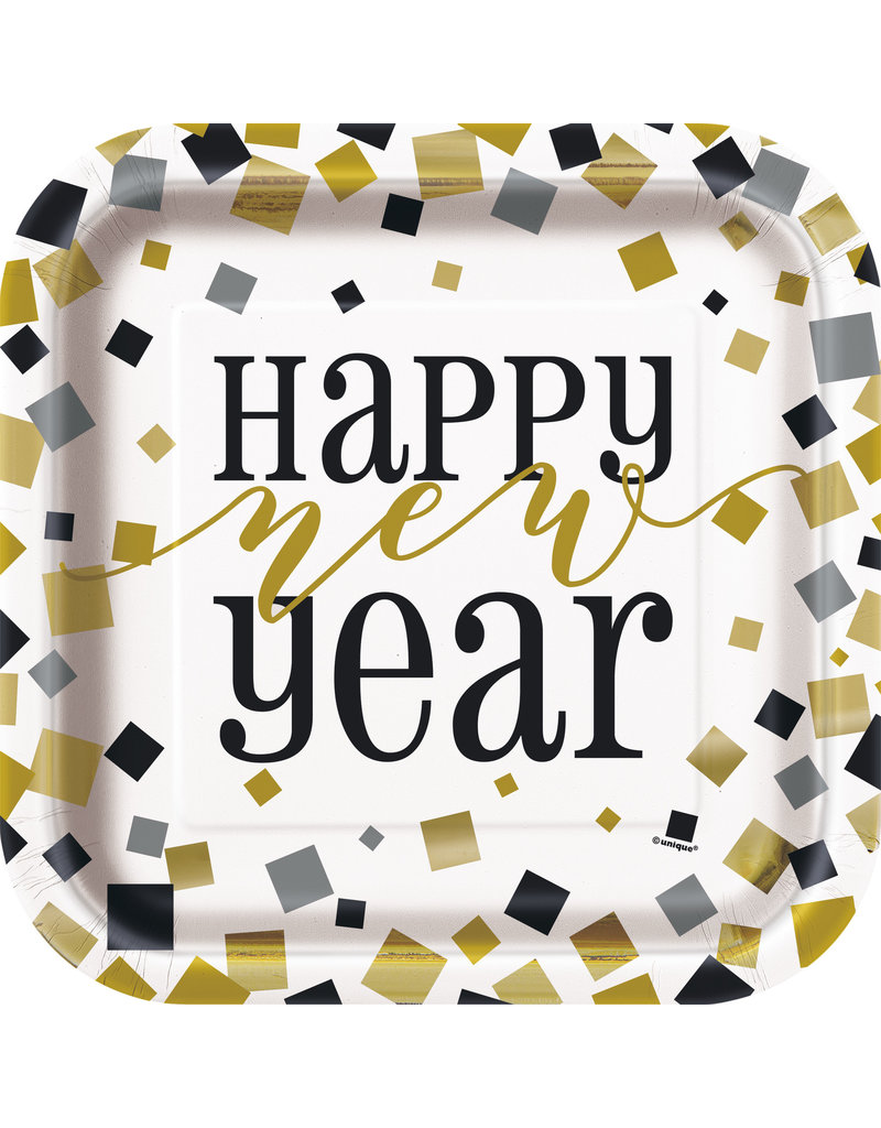 New Years Square Plates 9" Black/Gold/Silver (8)