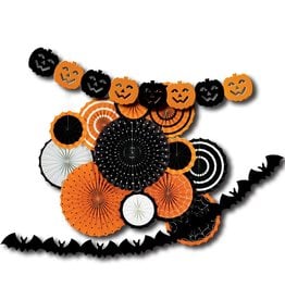 Classic Orange & Black Halloween Paper Fan Decorating Kit