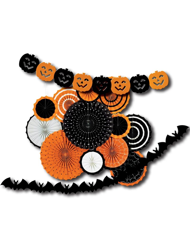 Classic Orange & Black Halloween Paper Fan Decorating Kit