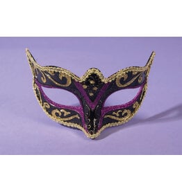 Purple/Black Eye Mask W/Ribbon-Gold Trim