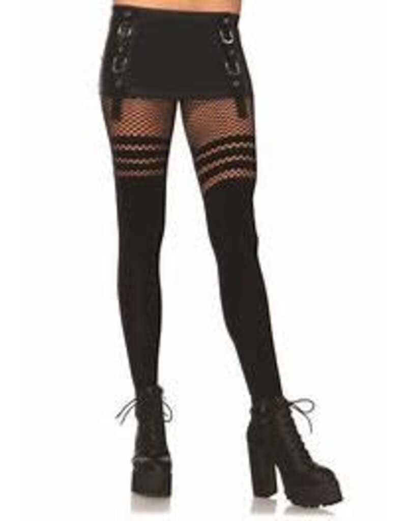 Black Seamless Opaque Faux Thigh High Tights with Striped Fishnet Thigh Accent