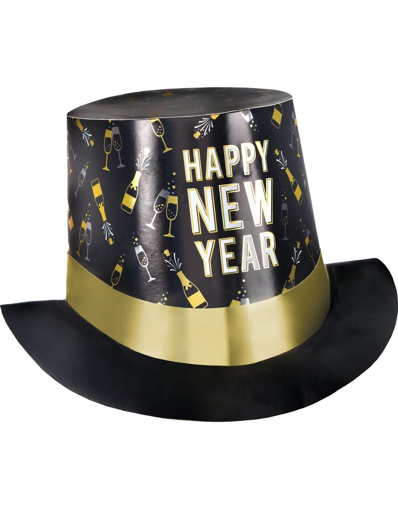 New Year's Printed Top Hat - Black, Silver, Gold 5"
