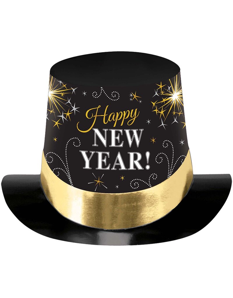 Printed New Years Paper Top Hat - Black, Silver & Gold 6"