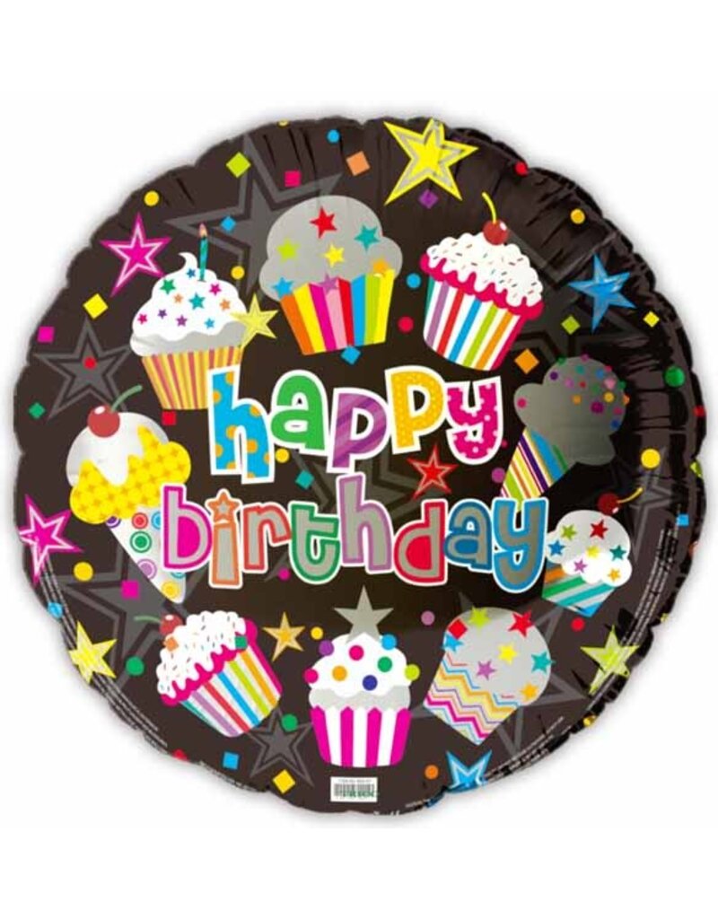 Happy BDay Cupcake Stars 18" Mylar Balloon
