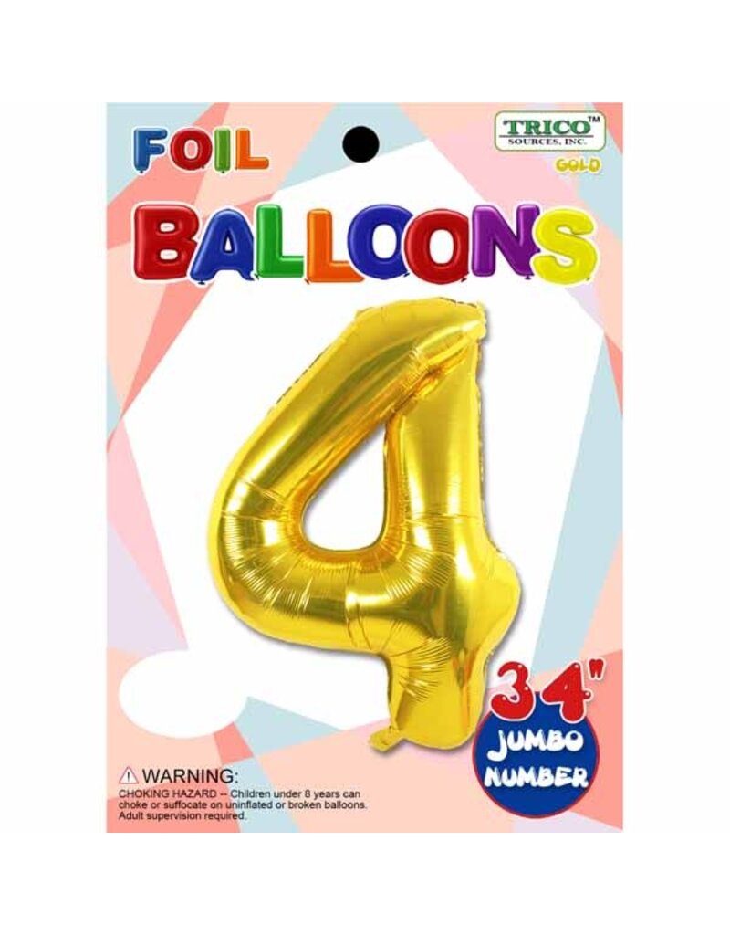 Gold #4 Number Shape Mylar 34" Balloon
