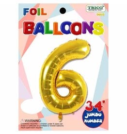 Gold #6 Number Shape Mylar 34" Balloon