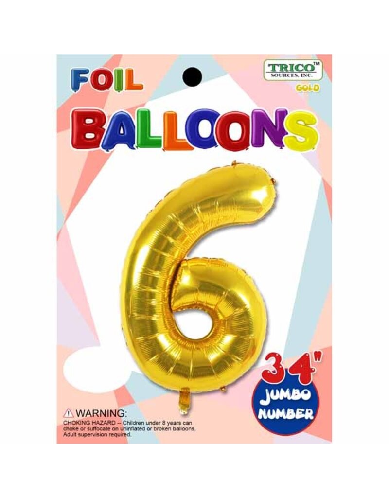 Gold #6 Number Shape Mylar 34" Balloon