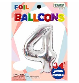 Silver #4 Number Shape Mylar 34" Balloon
