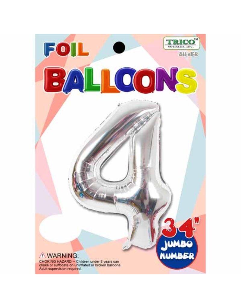 Silver #4 Number Shape Mylar 34" Balloon