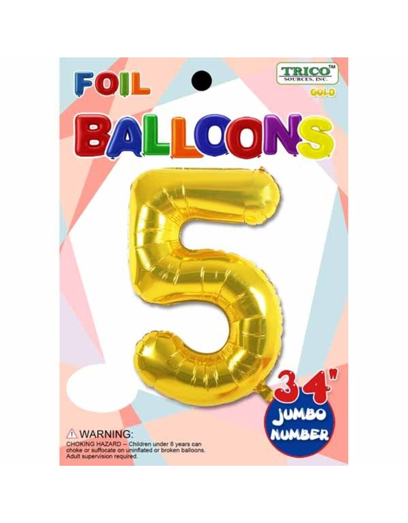 Gold #5 Number Shape Mylar 34" Balloon