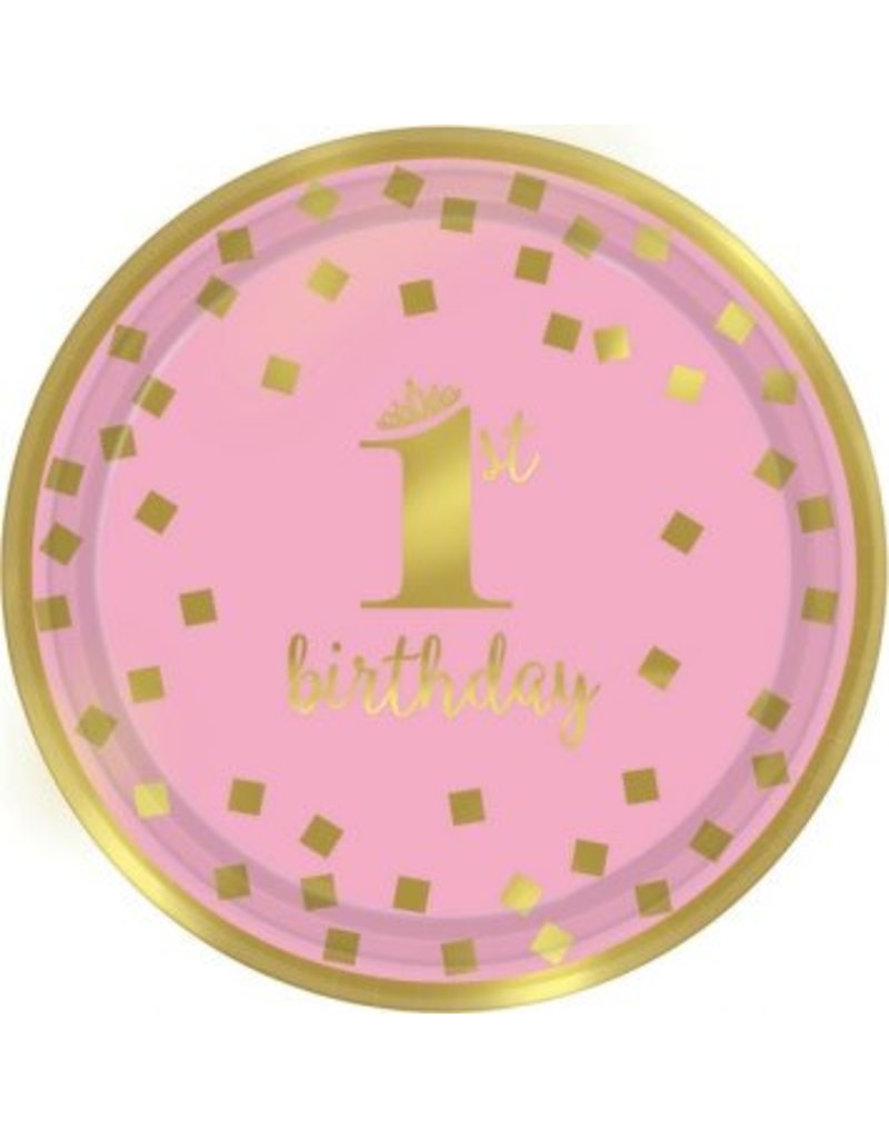 1st Birthday Girl Metallic Round Plates 7" (8)