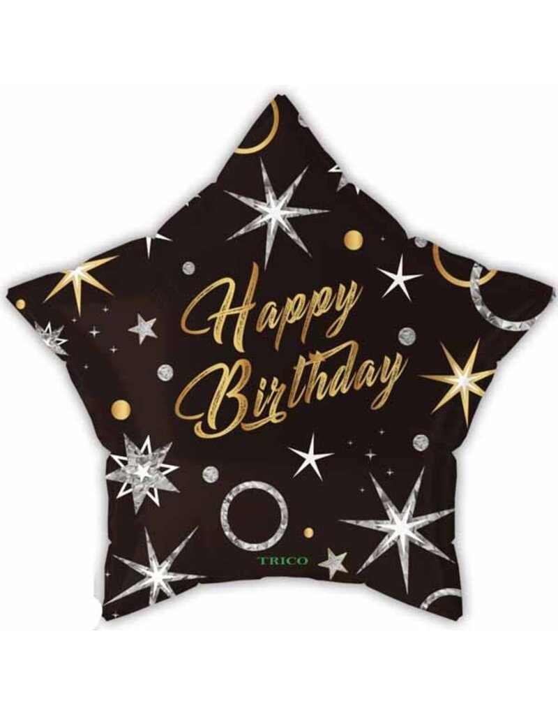 Happy Birthday Star Blk/GD/S 18" Mylar Balloon