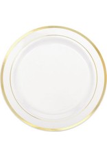 White Premium Plastic Round Plates with Gold Trim, 10 1/4"
