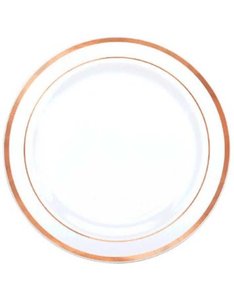 Premium Plastic White Plates w/ Rose Gold Trim, 7 1/2" (20) It's My Party