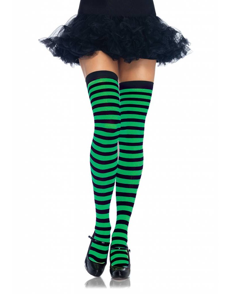 Green & Black Striped Thigh High Stockings