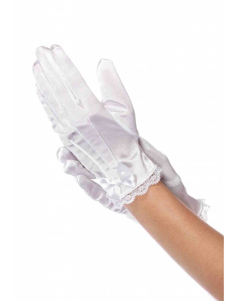 White Satin Lace Trimmed Gloves With Bow Medium (Child Size)