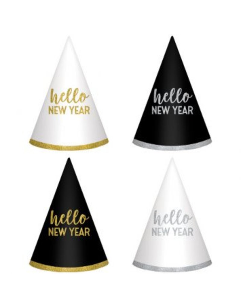 New Year's Cone Hats - Black, Silver, Gold (6)