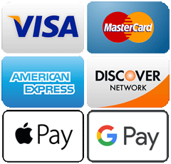Visa, Mastercard, American Express, Discover, Apple Pay, Google Pay
