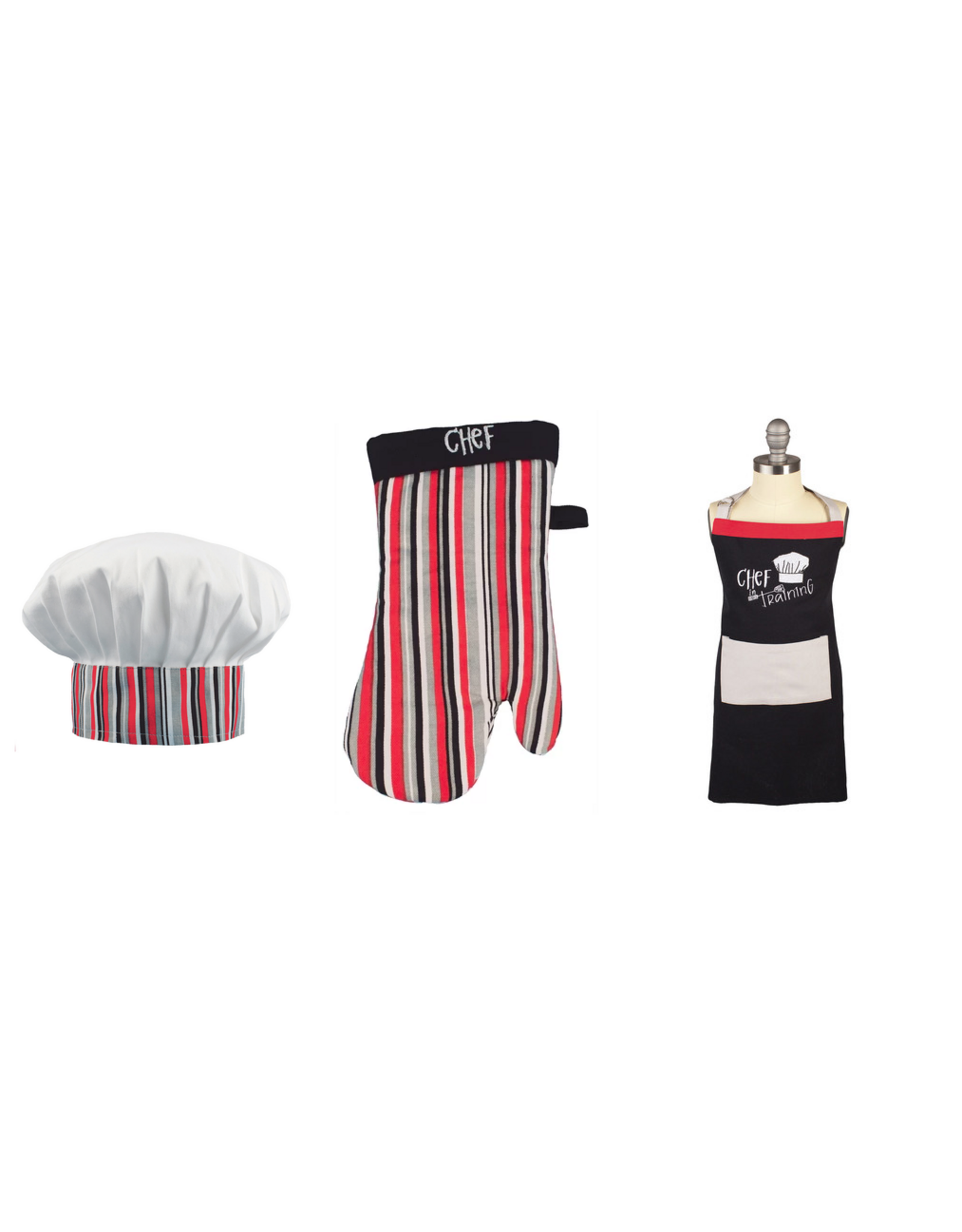Chef in Training 3pc Childrens Apron Set (Black Red White Stripe)