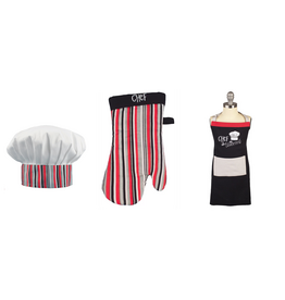 Chef in Training 3pc Childrens Apron Set (Black Red White Stripe)