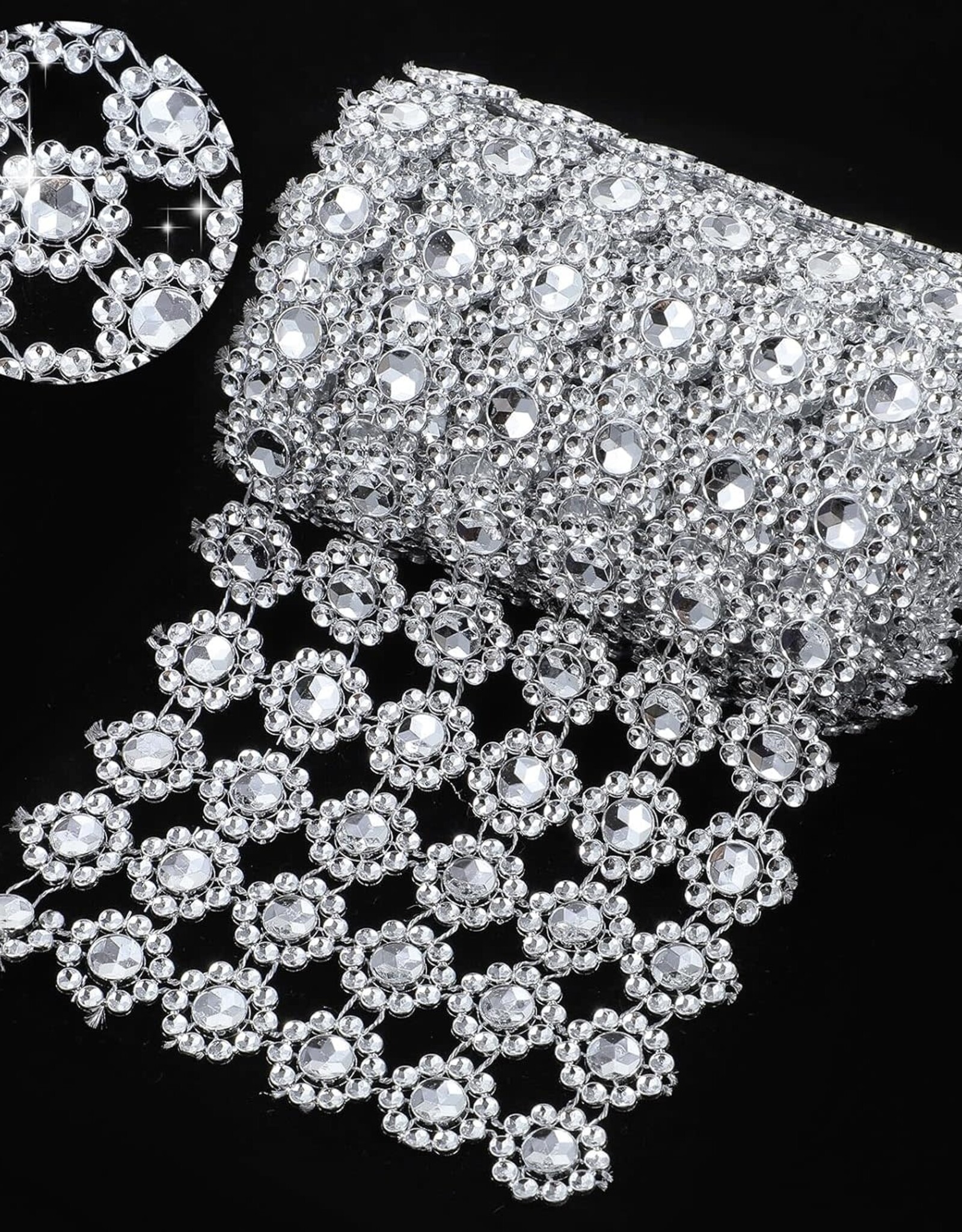 Preimum Silver Rhinestone Diamond Mesh Ribbon (2 Feet X 4 Inch)