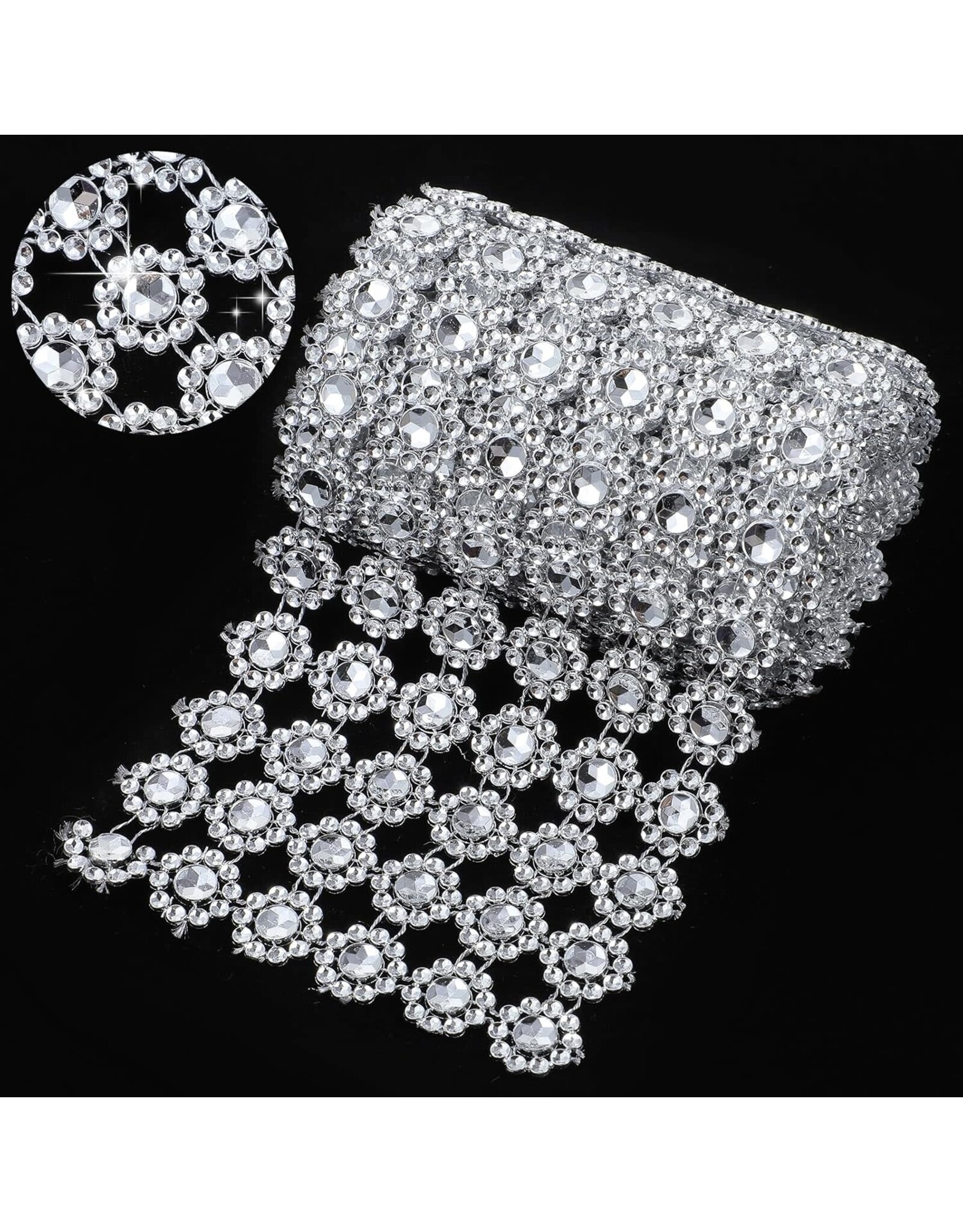 Preimum Silver Rhinestone Diamond Mesh Ribbon (2 Feet X 4 Inch)