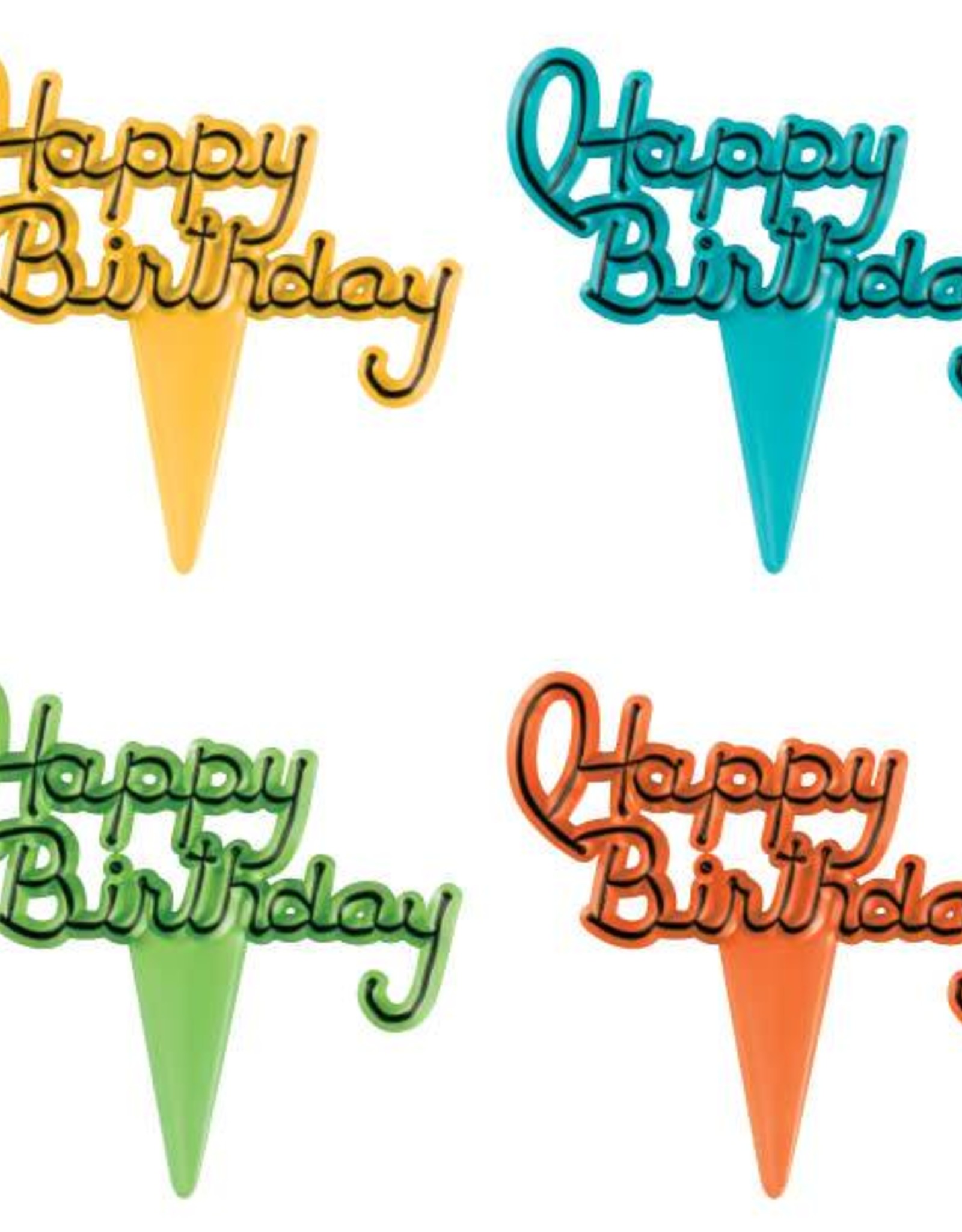 Happy Birthday Script Cupcake Picks (Blue,Green,Orange,Yellow)