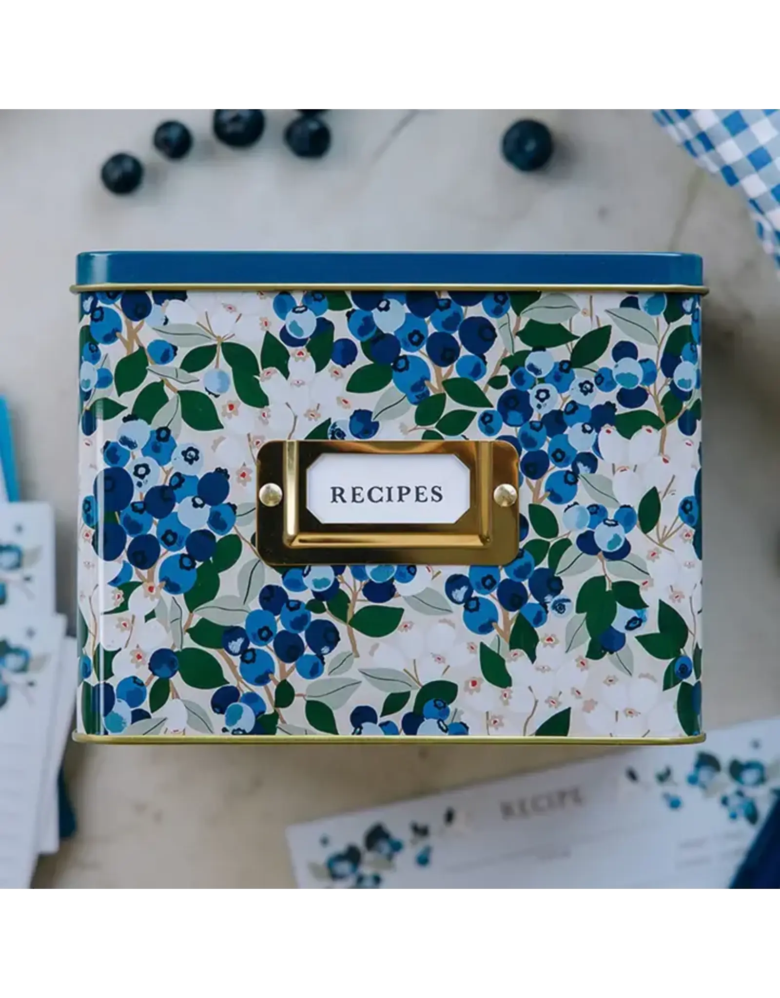 Paper Farm Press Blueberry Field Tin Recipe Box  (Includes 15 Recipe Cards and 1 pack of coordinating Recipe Divider Tabs)