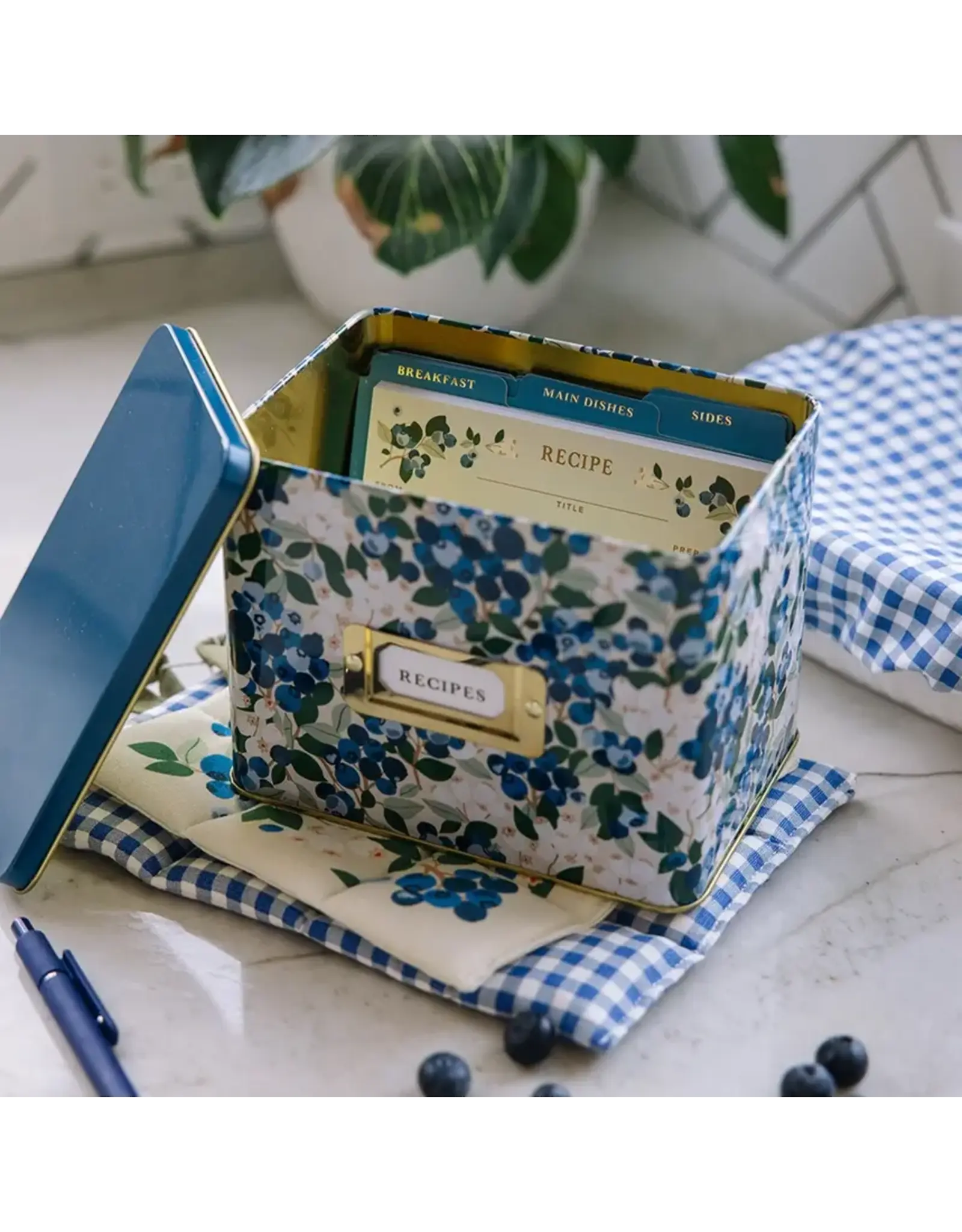 Paper Farm Press Blueberry Field Tin Recipe Box  (Includes 15 Recipe Cards and 1 pack of coordinating Recipe Divider Tabs)