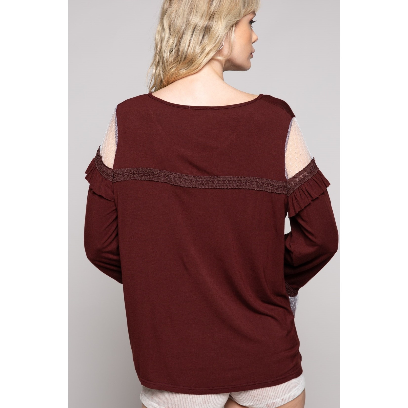 Bell Sleeve Top With Mesh Lace Accent