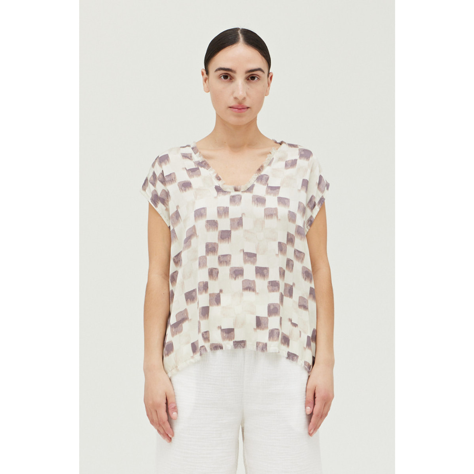 40705ck  Satin check print blouse