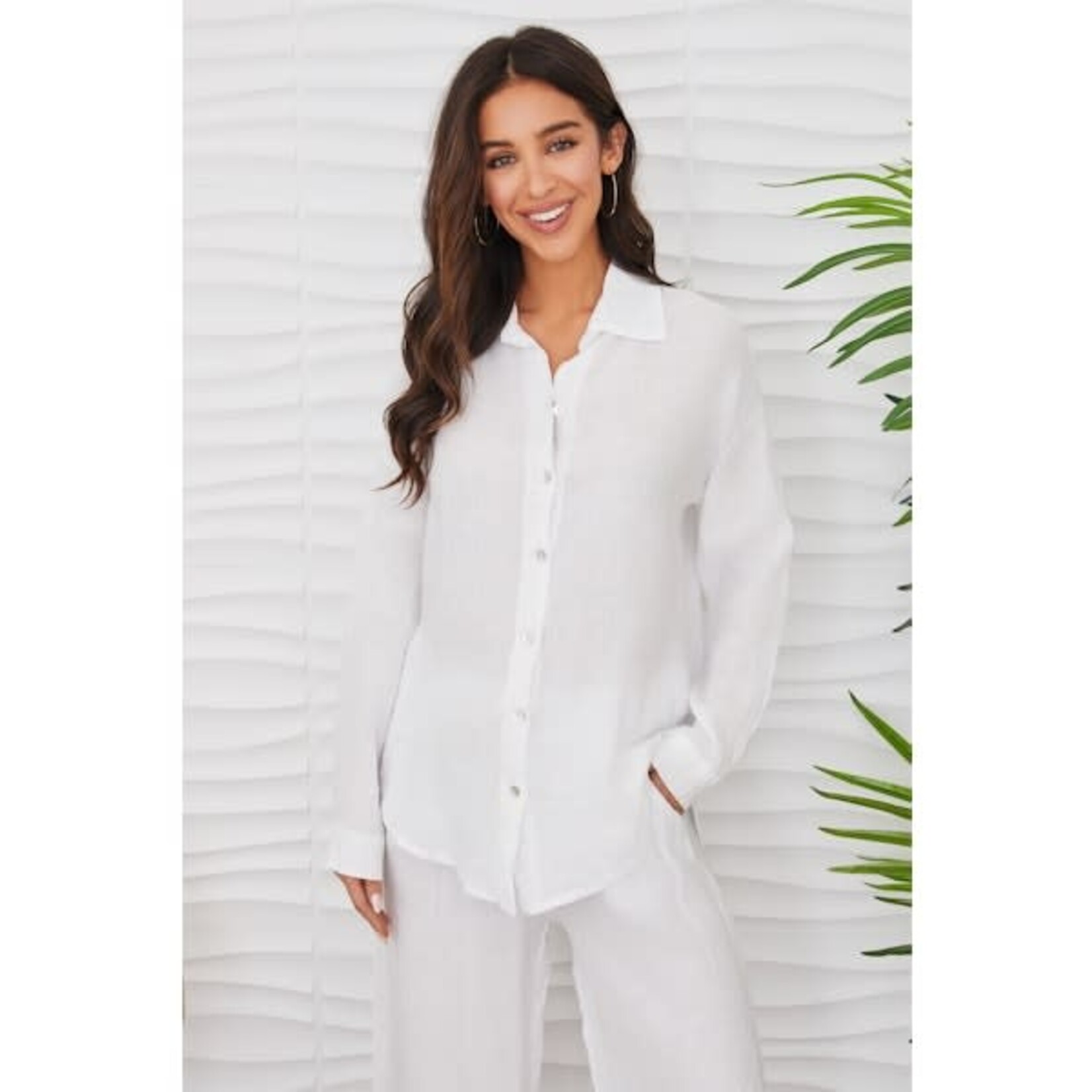 Linen Long Sleeve Hi-Lo Button Down Top