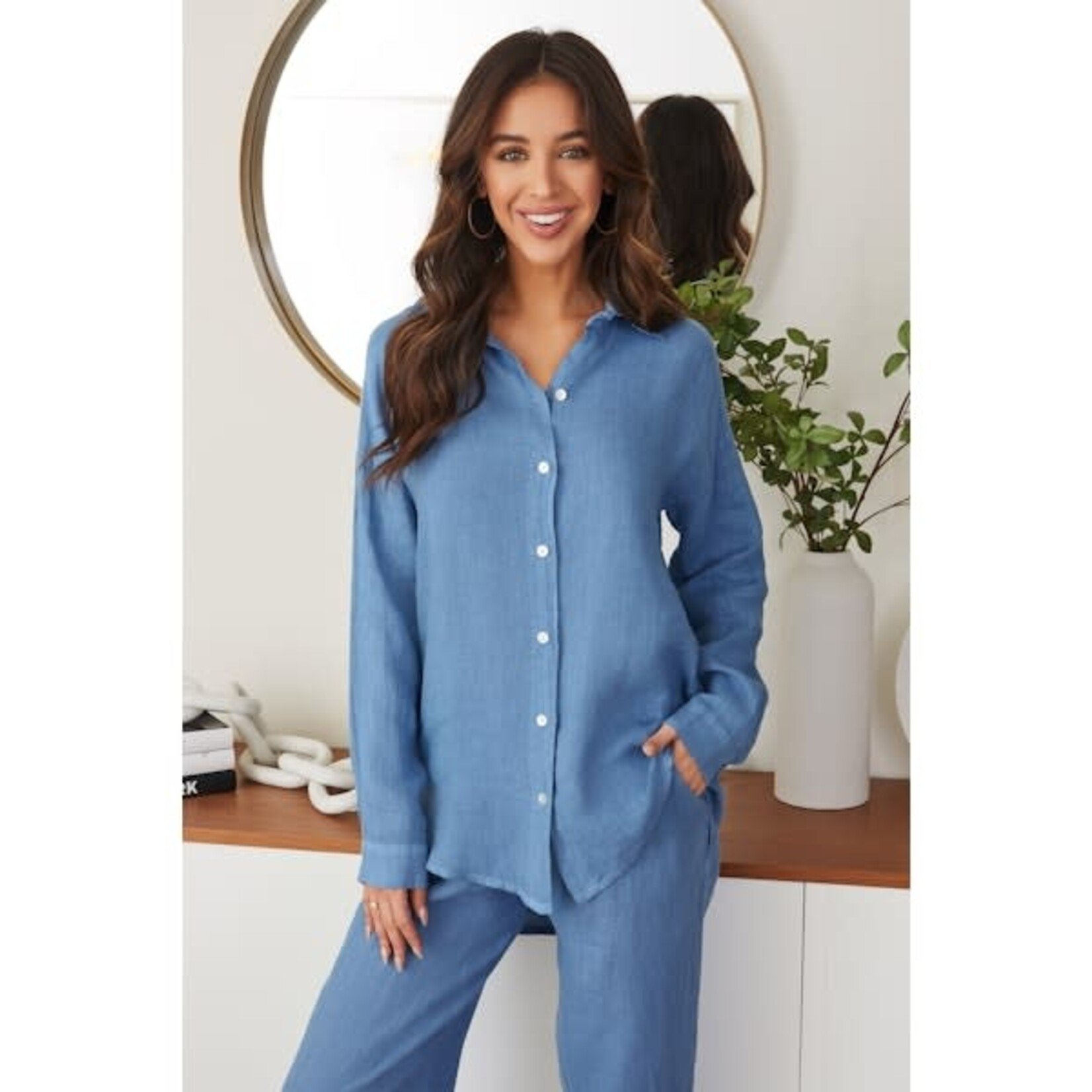 Linen Long Sleeve Hi-Lo Button Down Top