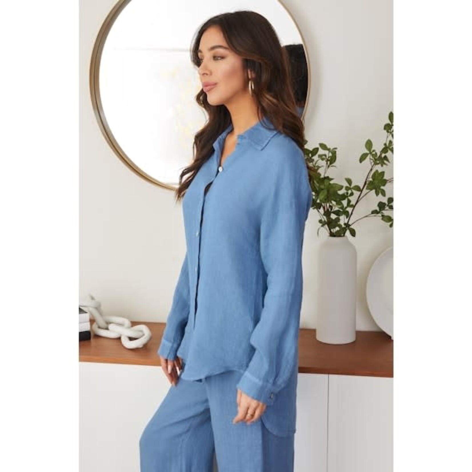 Linen Long Sleeve Hi-Lo Button Down Top