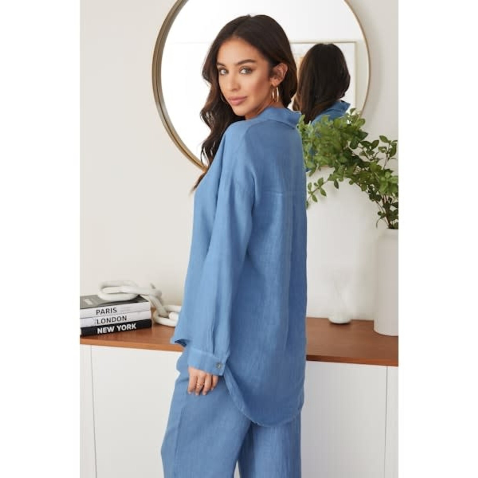 Linen Long Sleeve Hi-Lo Button Down Top