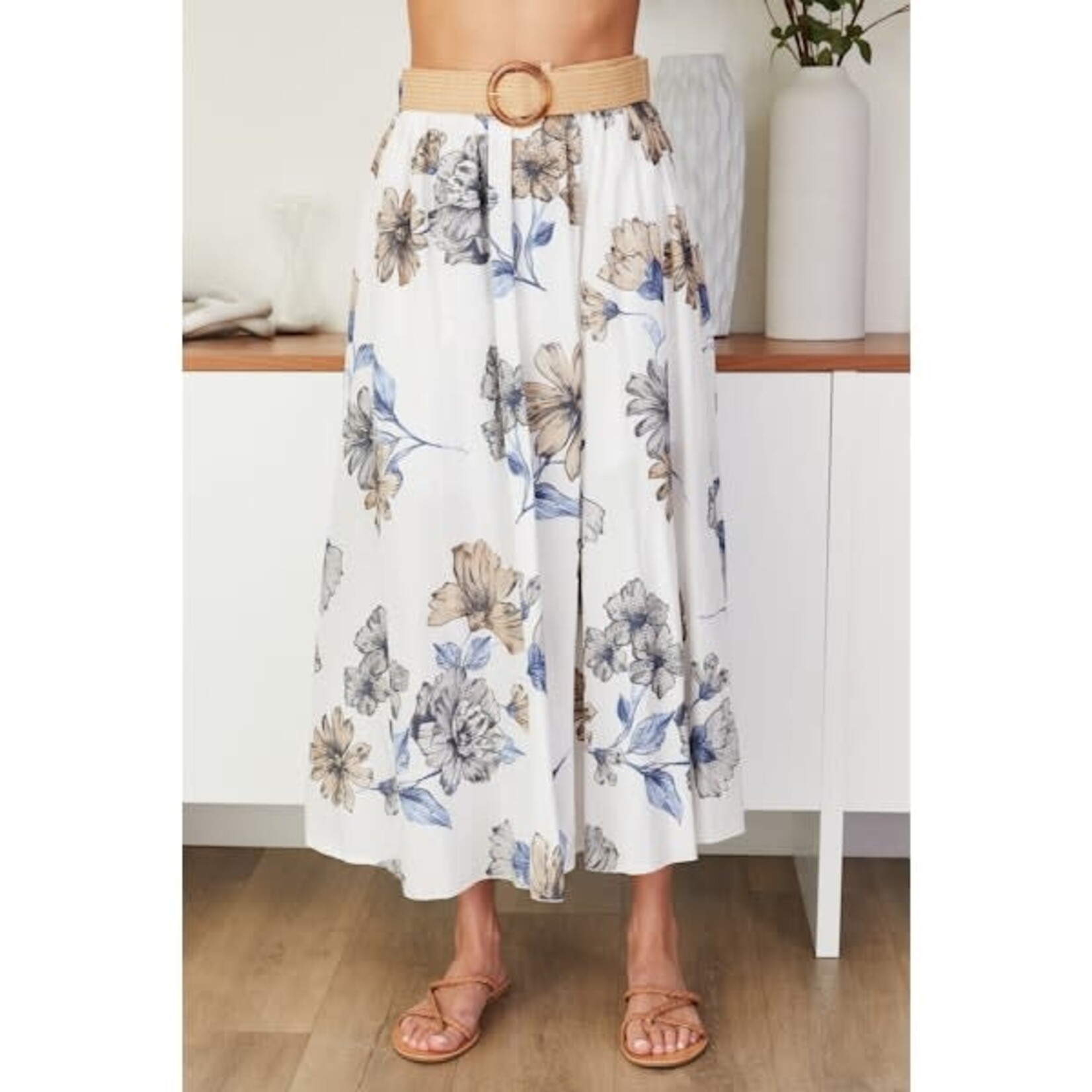 Milio Milano Vintage Floral A-Line Midi Skirt w/ Belt