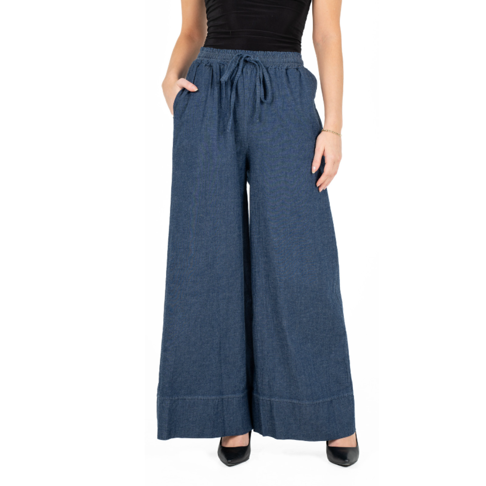M made in Italy 11-11437V WOMEN’S WOVEN WIDE-LEG PULL-ON PANTS