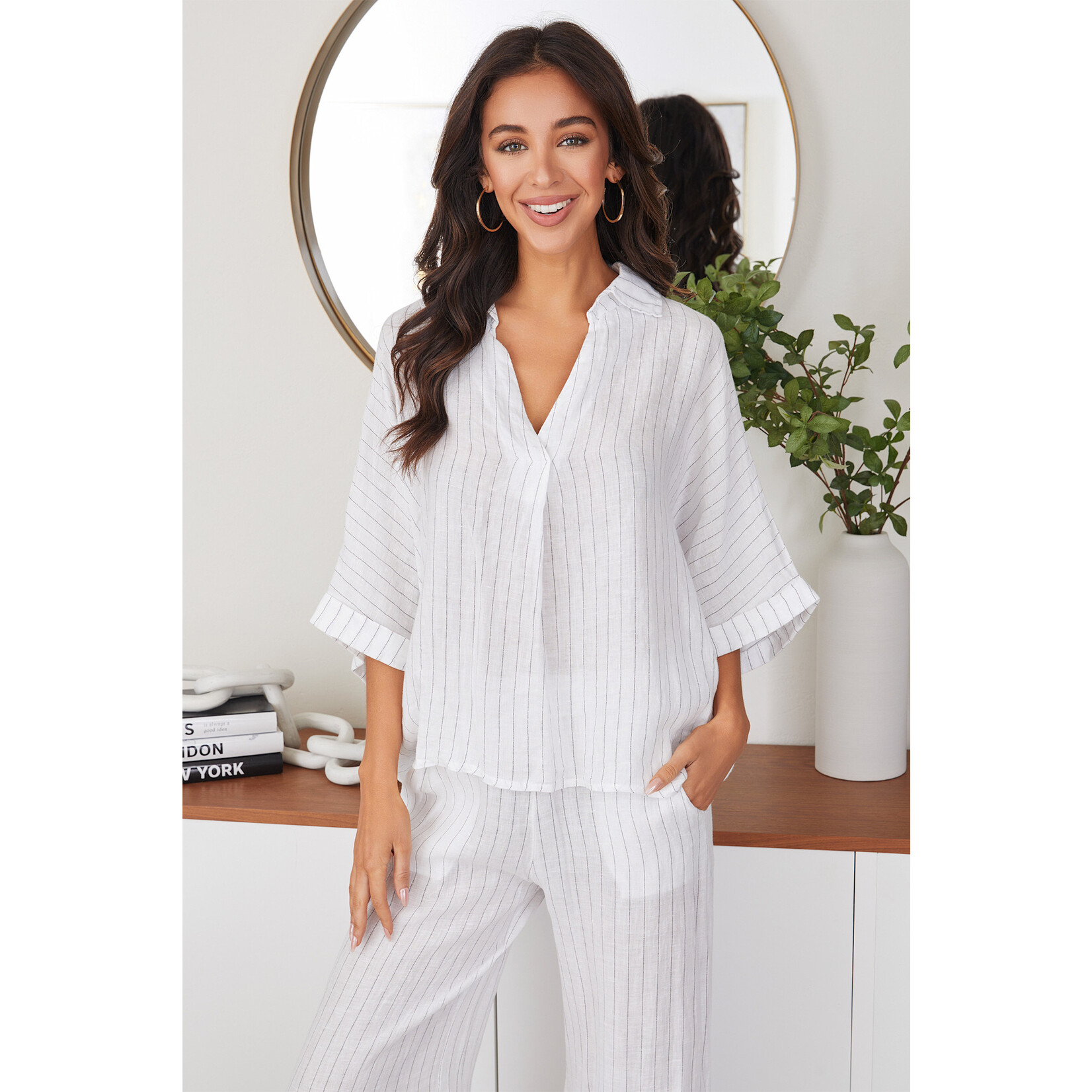 Milio Milano Linen Pinstripe High Low Top With Collar