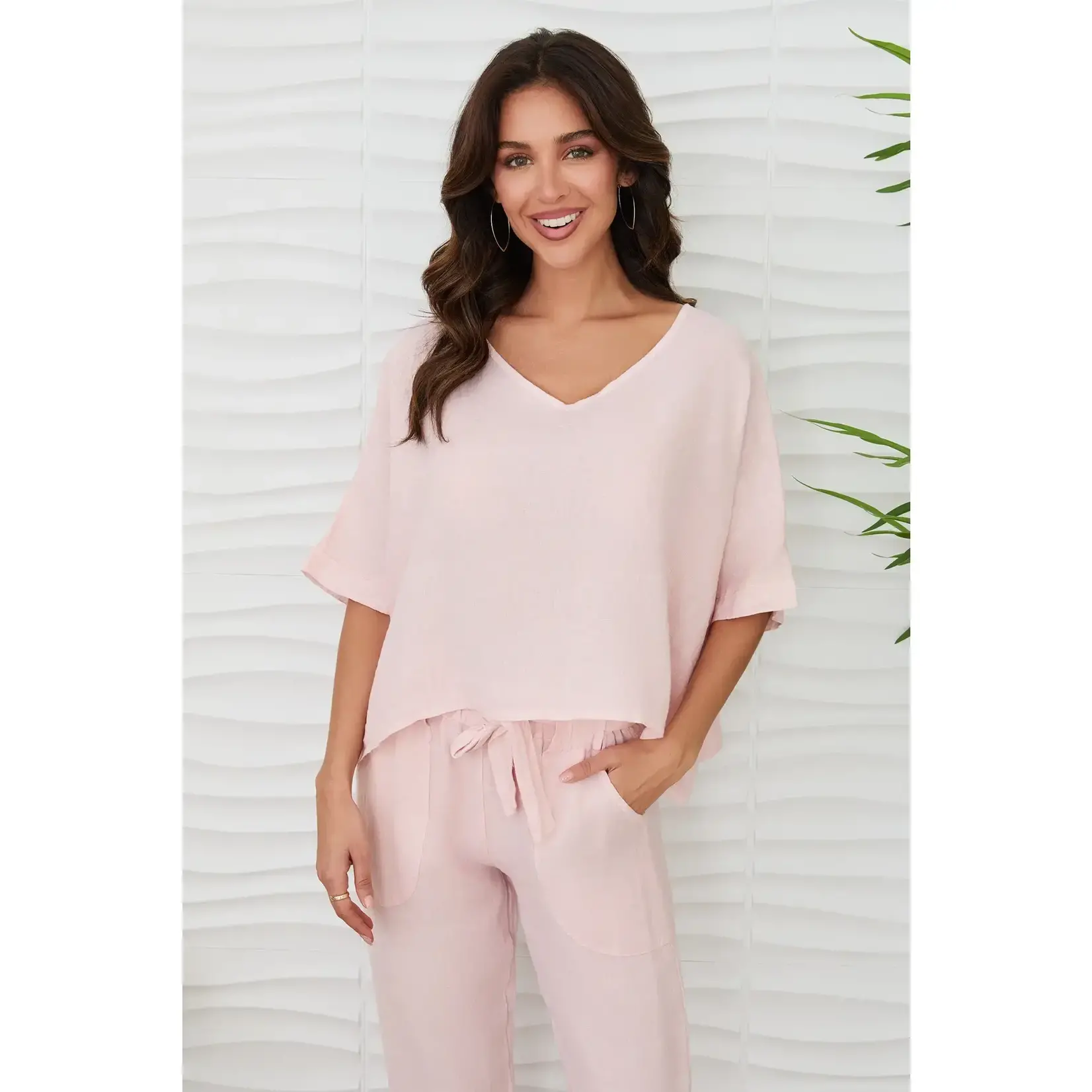 V-Neck Linen Dolman Sleeve Crop Top