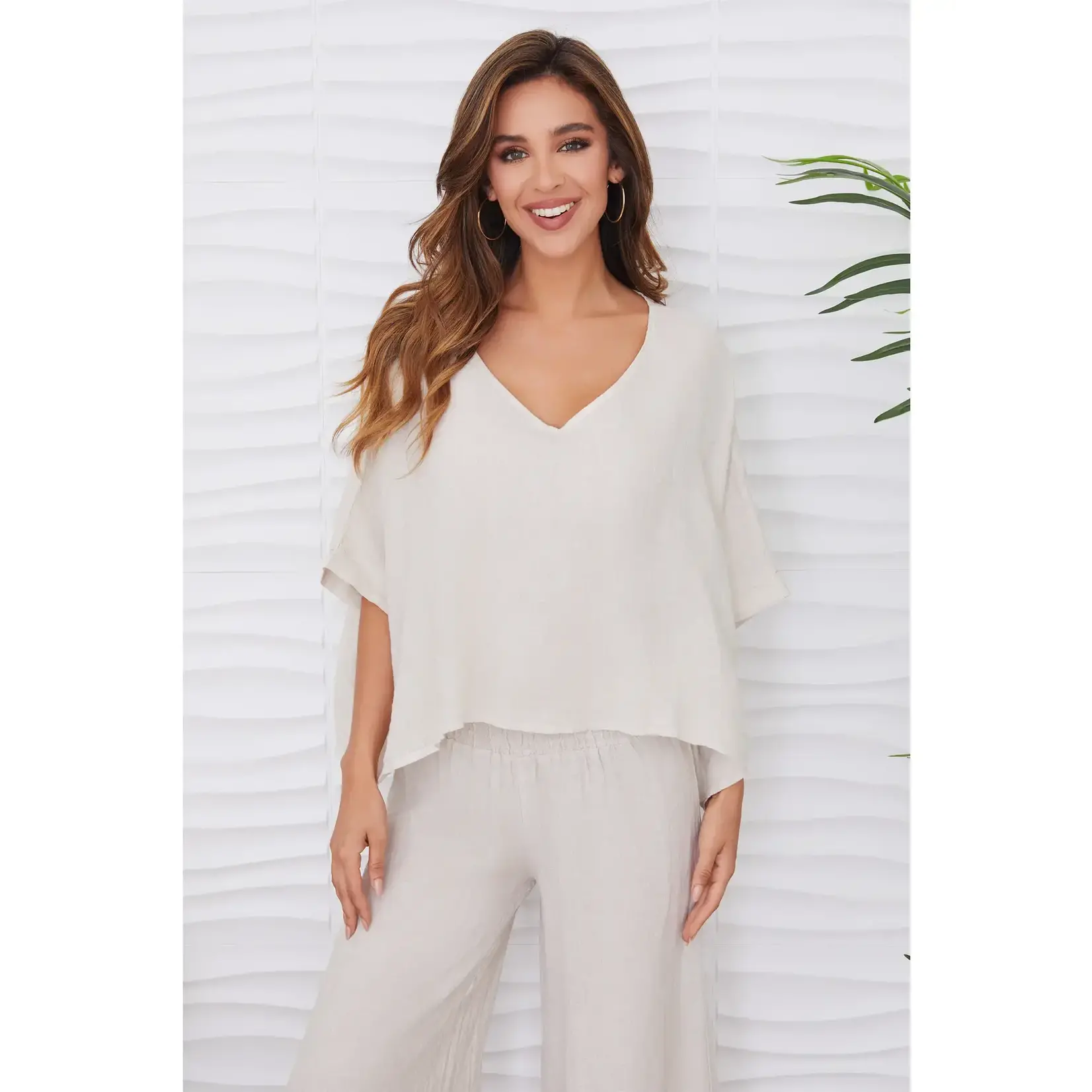 V-Neck Linen Dolman Sleeve Crop Top