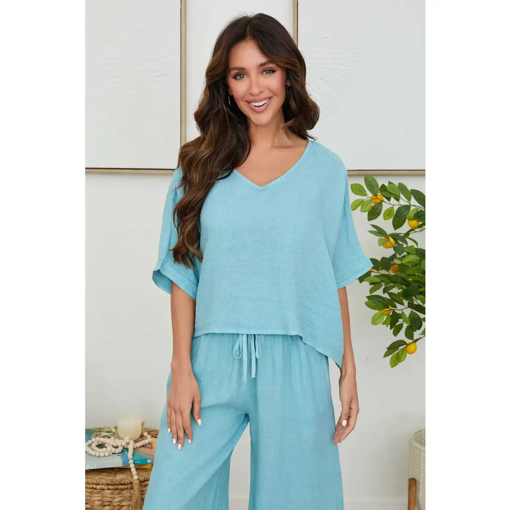 V-Neck Linen Dolman Sleeve Crop Top