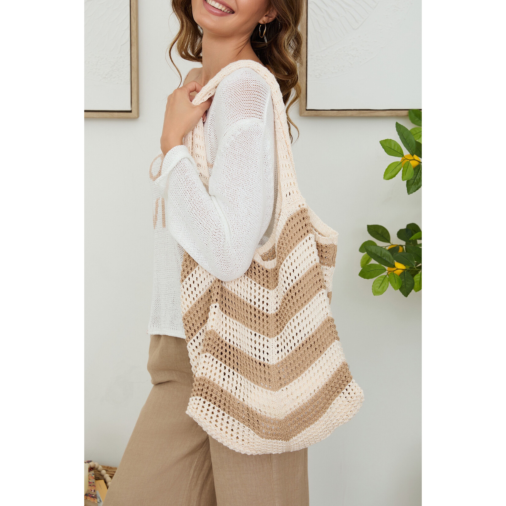 Stripe Knit Crochet Beach Bag