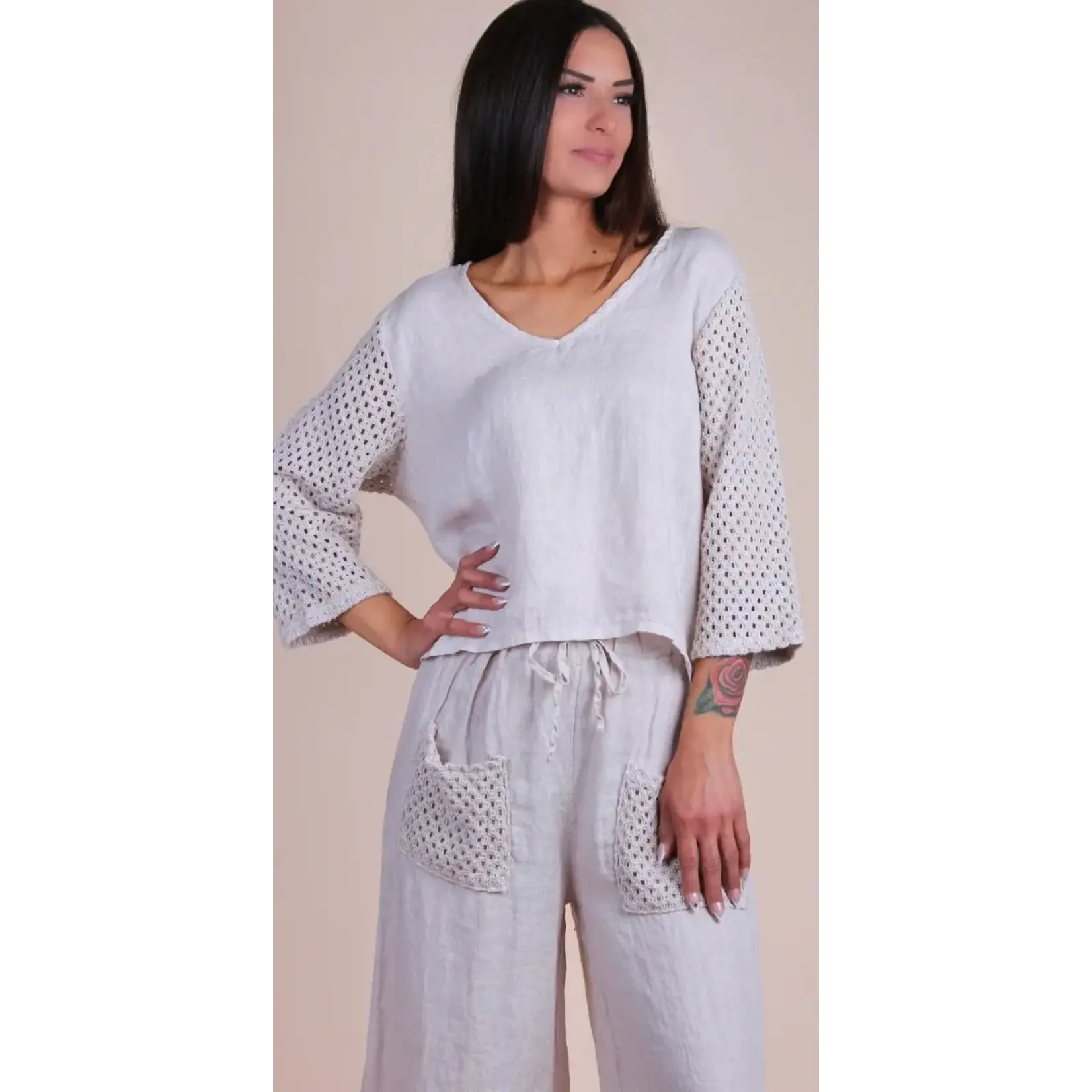 19312 Linen Top Crochet Slv.
