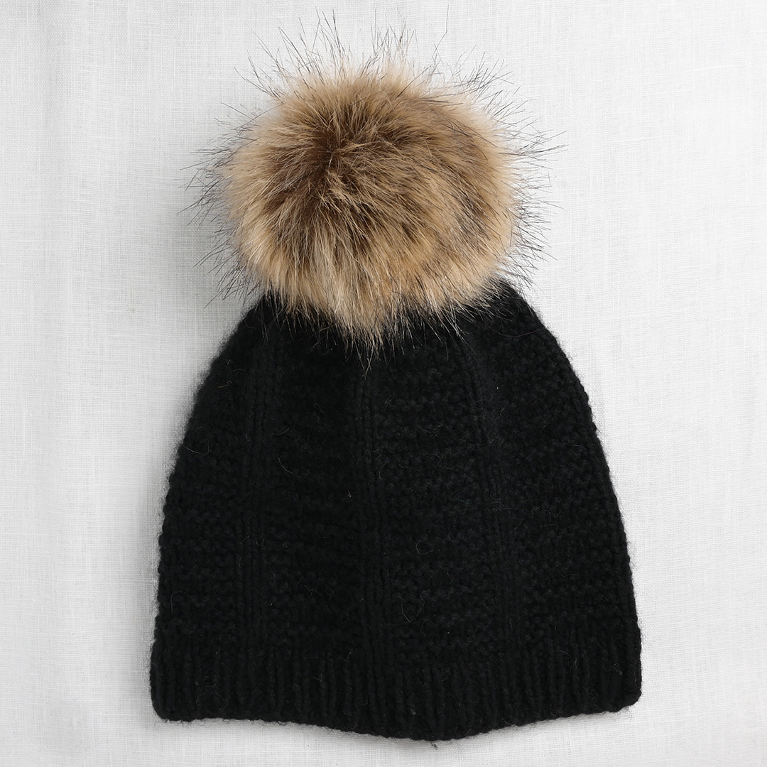Faux Fur Pom Pom Latte, Snap Closure 
