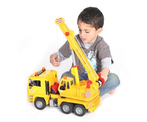 bruder flatbed truck with bulldozer yellow