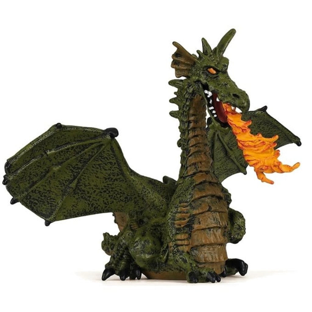 Фигурка papo крылатый зелёный дракон с пламенем 39025