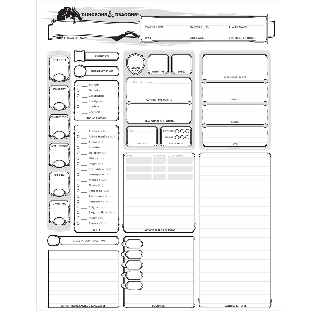 D D 5th Character Sheets The Toy Store