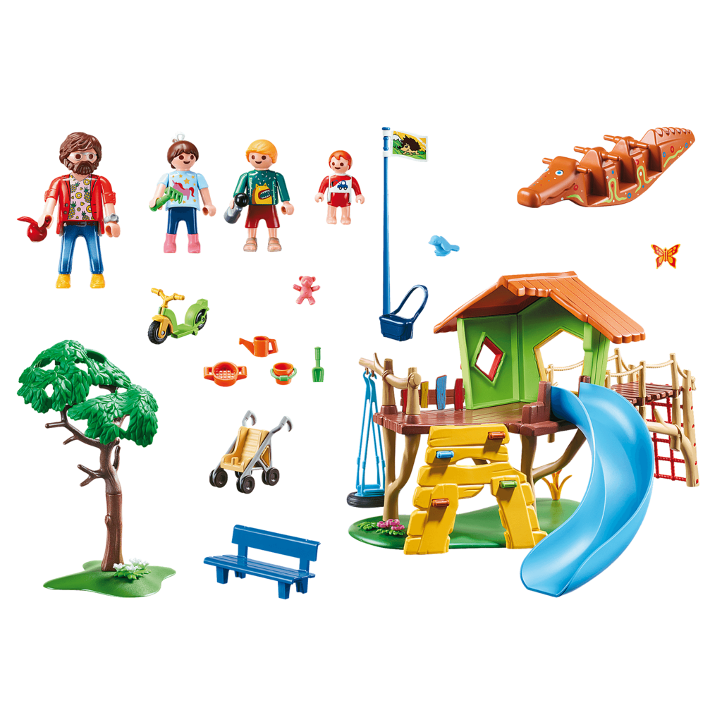 PLAYMOBIL Family Fun 70088 Family Motorhome & City Life 70281 Adventure  Playground with Climbing Wall, Tyre Swing and Slide, from 4 Years:  : Toys