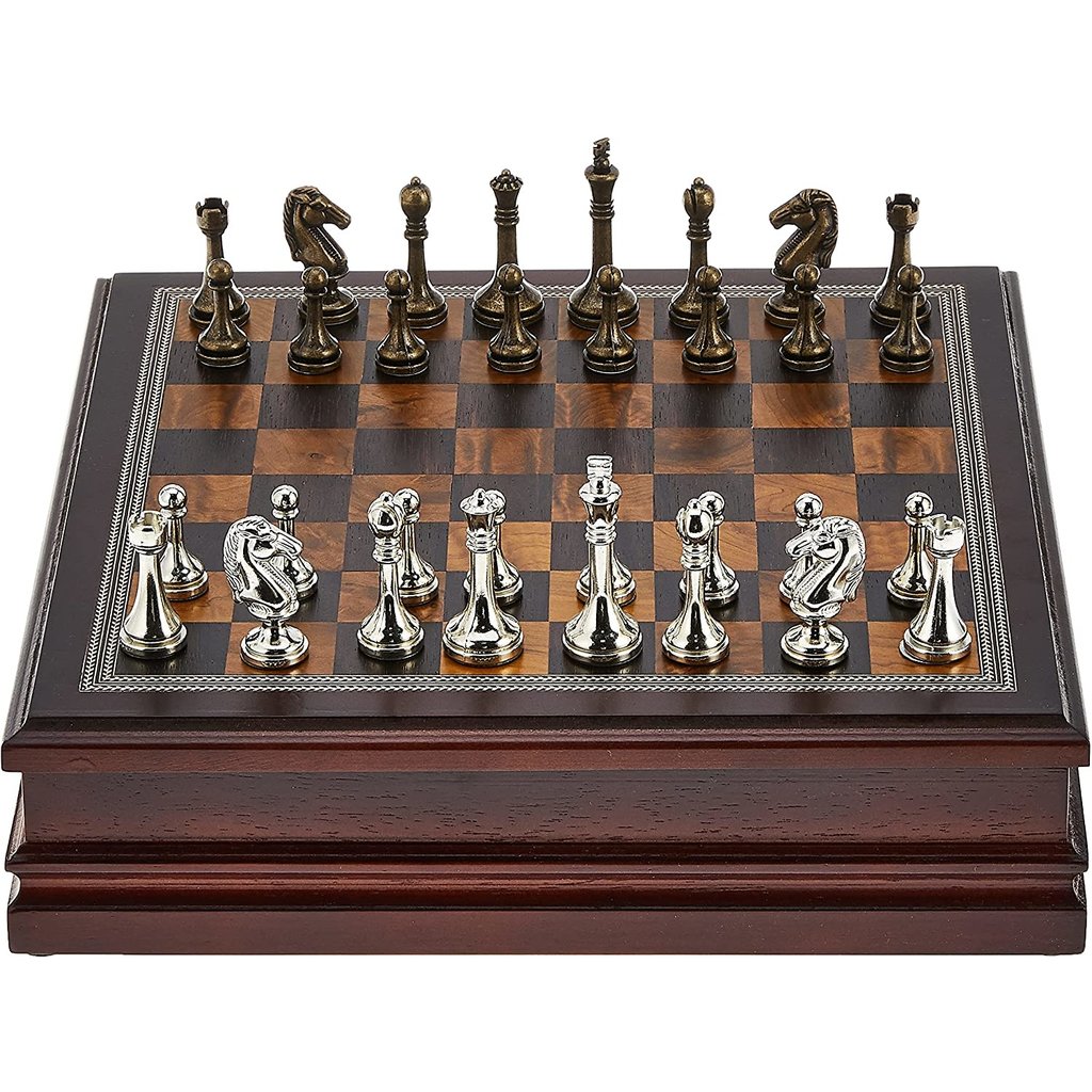 METAL CHESSMEN  WITH WOOD BOARD