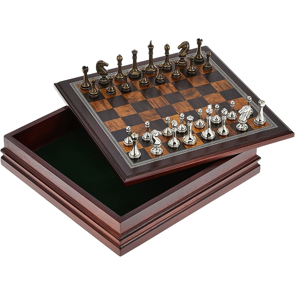 METAL CHESSMEN  WITH WOOD BOARD